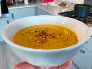 Autumn Food. If you are looking for Autumn fooA bowl of hot sweet potato, rosemary, chilli and garlic soup with chilli flakes and cracked pepper on top