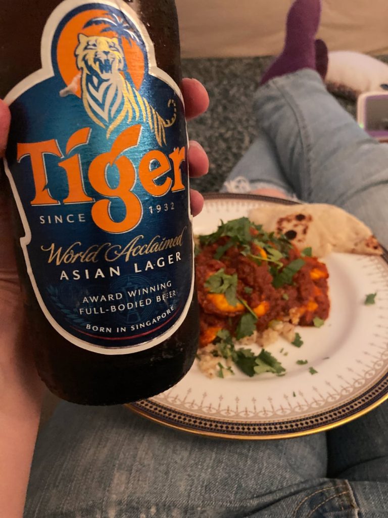 Relaxing with a Tiger beer and a King Prawn Madras at the end of a long family-filled week. Heaven!