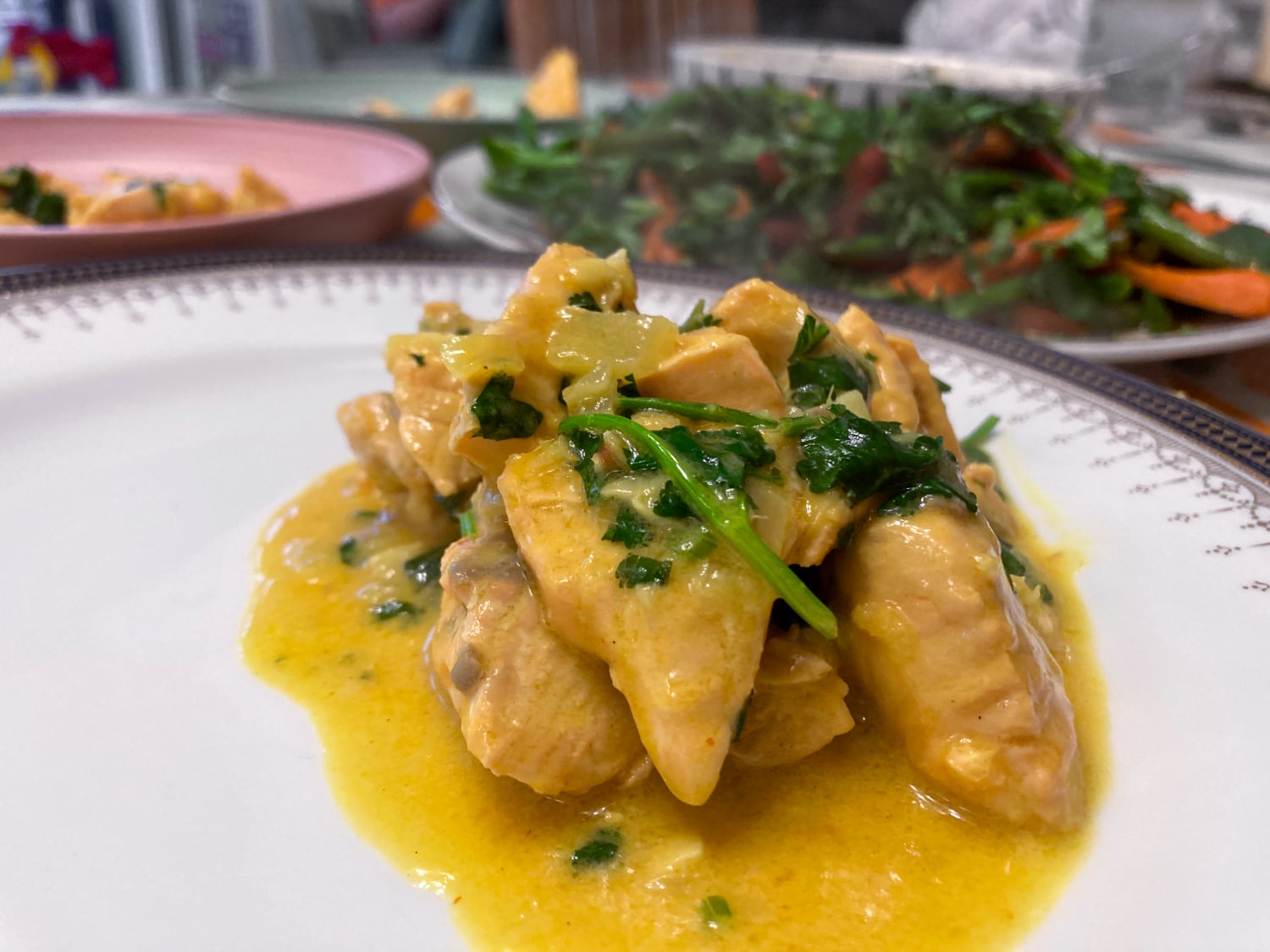 Salmon curry with fragrant lemon grass waiting for the quinoa and green beans