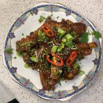 Instant Pot ribs: garlic, ginger & soy glaze topped with chopped chilli, spring onion and coriander